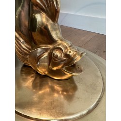 Sculpted Brass Coffee Table with Fish Base and Round Glass Top, France circa 1970