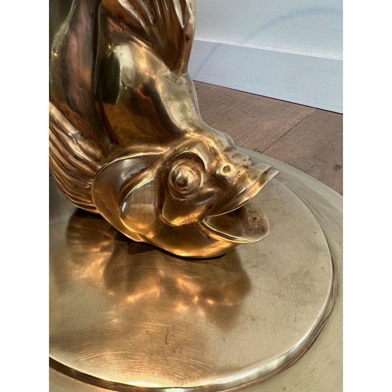 Sculpted Brass Coffee Table with Fish Base and Round Glass Top, France circa 1970