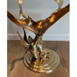 Sculpted Brass Coffee Table with Fish Base and Round Glass Top, France circa 1970