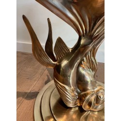 Sculpted Brass Coffee Table with Fish Base and Round Glass Top, France circa 1970