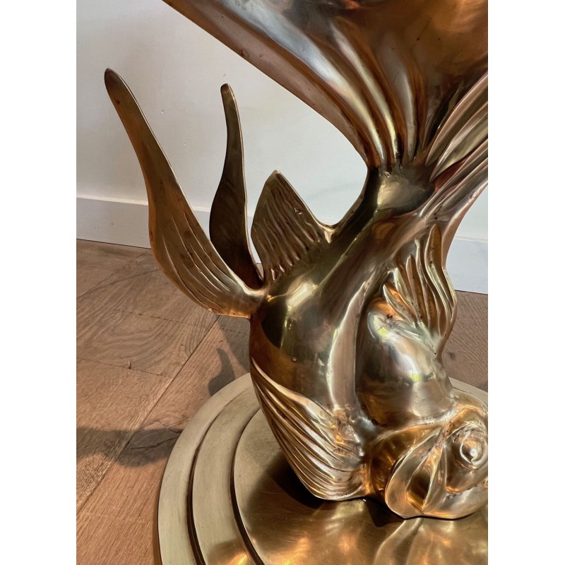 Sculpted Brass Coffee Table with Fish Base and Round Glass Top, France circa 1970