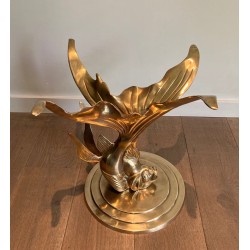 Sculpted Brass Coffee Table with Fish Base and Round Glass Top, France circa 1970