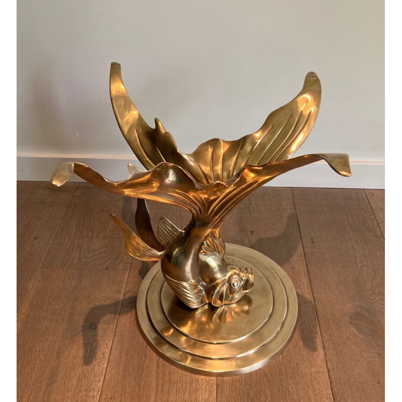 Sculpted Brass Coffee Table with Fish Base and Round Glass Top, France circa 1970