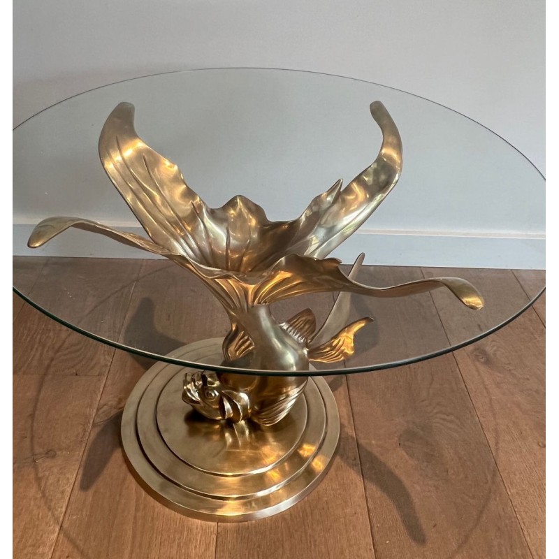 Sculpted Brass Coffee Table with Fish Base and Round Glass Top, France circa 1970