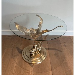 Sculpted Brass Coffee Table with Fish Base and Round Glass Top, France circa 1970