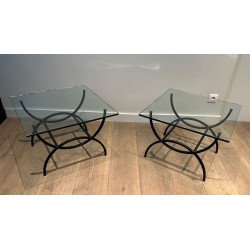 Pair of Black Lacquered Wrought Iron & Glass Side Tables, French Work circa 1950
