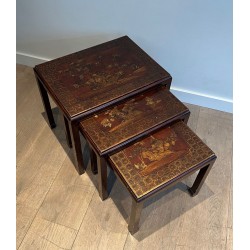 Set of Three Lacquered Nesting Tables with Chinoiserie Decoration, France circa 1940