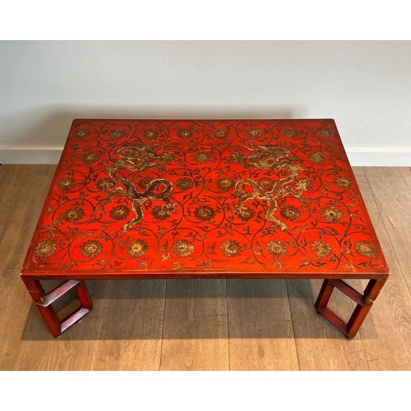 Large Red Lacquered Coffee Table with Polychrome & Gold Chinoiserie Decoration, France c.1970