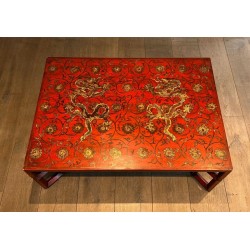 Large Red Lacquered Coffee Table with Polychrome & Gold Chinoiserie Decoration, France c.1970