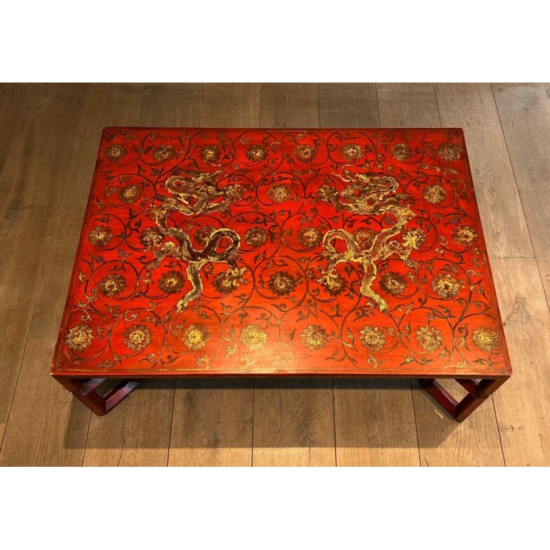 Large Red Lacquered Coffee Table with Polychrome & Gold Chinoiserie Decoration, France c.1970