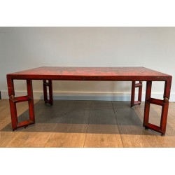 Large Red Lacquered Coffee Table with Polychrome & Gold Chinoiserie Decoration, France c.1970
