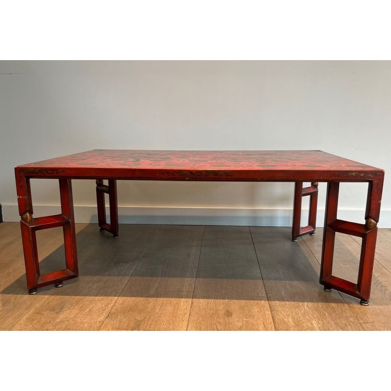 Large Red Lacquered Coffee Table with Polychrome & Gold Chinoiserie Decoration, France c.1970