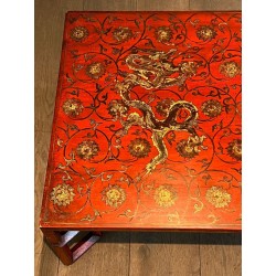 Large Red Lacquered Coffee Table with Polychrome & Gold Chinoiserie Decoration, France c.1970