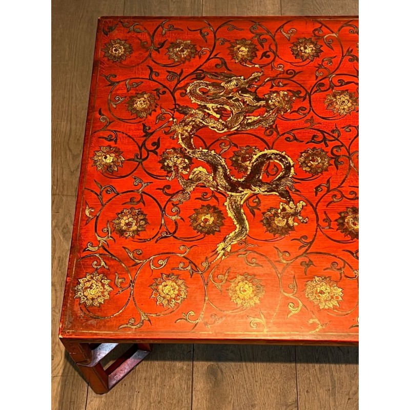 Large Red Lacquered Coffee Table with Polychrome & Gold Chinoiserie Decoration, France c.1970