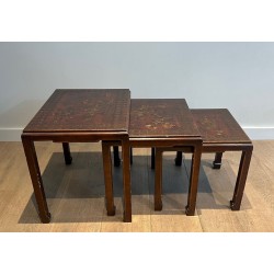 Set of Three Lacquered Nesting Tables with Chinoiserie Decoration, France circa 1940