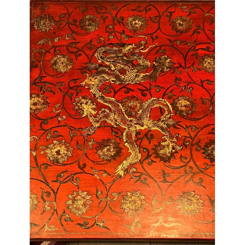 Large Red Lacquered Coffee Table with Polychrome & Gold Chinoiserie Decoration, France c.1970