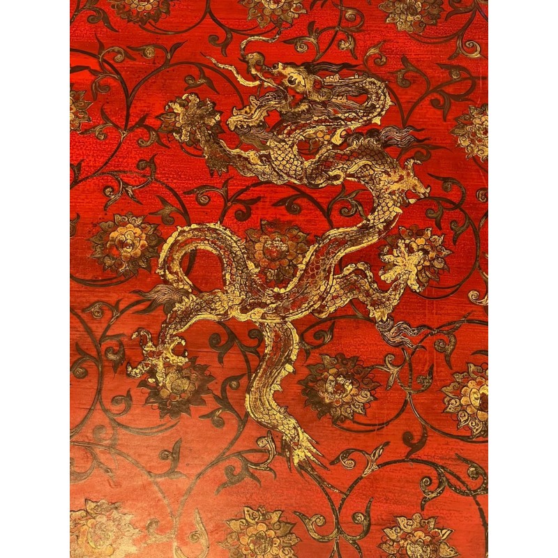 Large Red Lacquered Coffee Table with Polychrome & Gold Chinoiserie Decoration, France c.1970