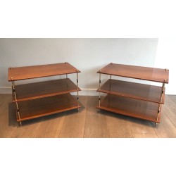 Pair of Three-Tier Mahogany & Brass Console Tables, Maison Jansen, France circa 1940