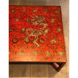 Large Red Lacquered Coffee Table with Polychrome & Gold Chinoiserie Decoration, France c.1970