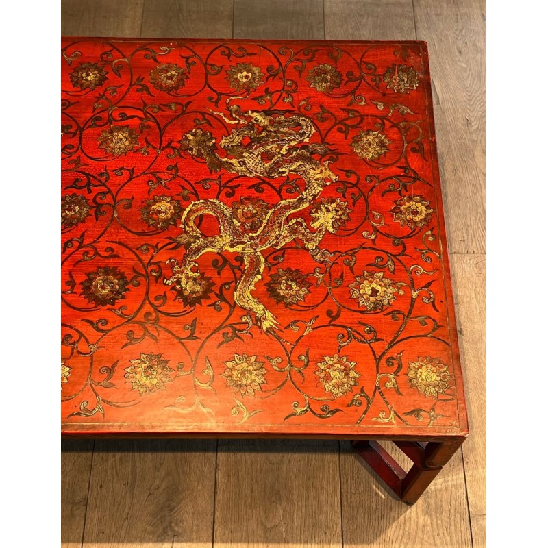 Large Red Lacquered Coffee Table with Polychrome & Gold Chinoiserie Decoration, France c.1970