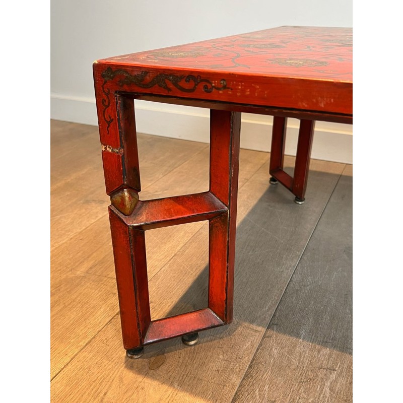 Large Red Lacquered Coffee Table with Polychrome & Gold Chinoiserie Decoration, France c.1970