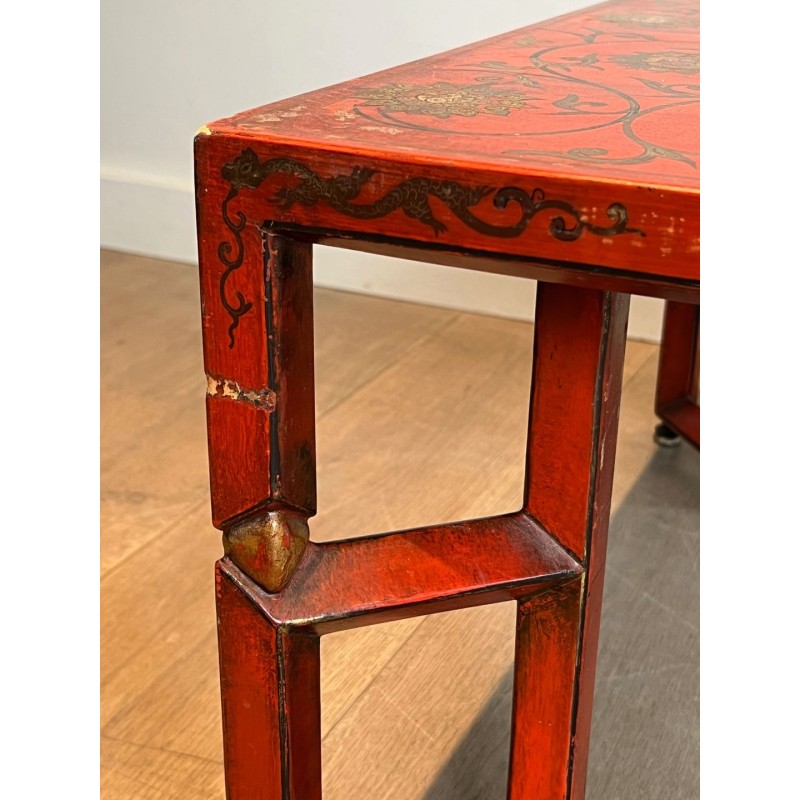 Large Red Lacquered Coffee Table with Polychrome & Gold Chinoiserie Decoration, France c.1970