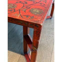 Large Red Lacquered Coffee Table with Polychrome & Gold Chinoiserie Decoration, France c.1970