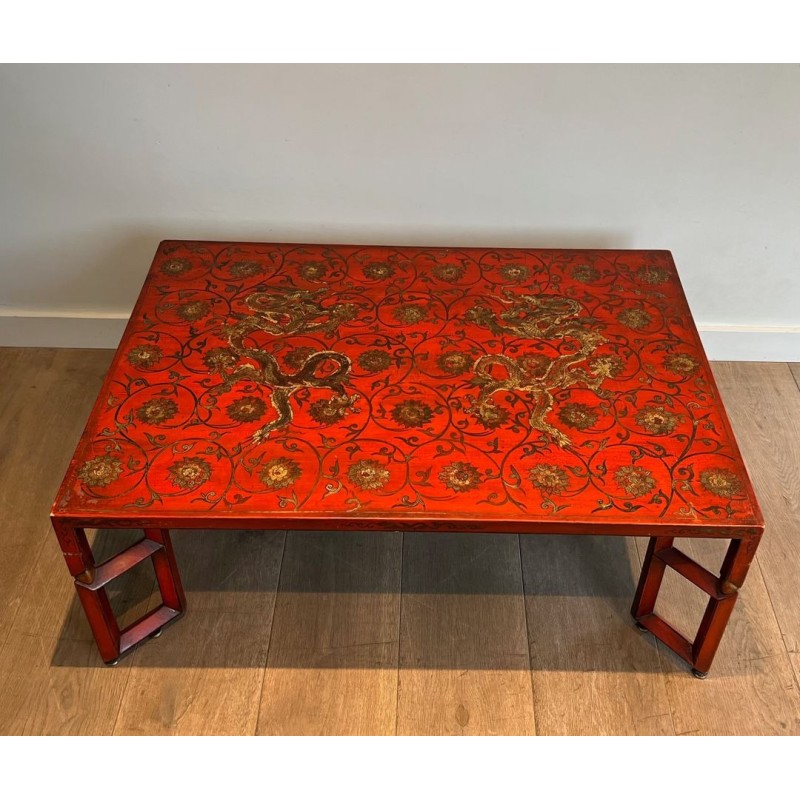 Large Red Lacquered Coffee Table with Polychrome & Gold Chinoiserie Decoration, France c.1970
