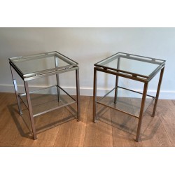 Pair of Brushed Steel & Glass Side Tables, Guy Lefèvre for Maison Jansen, France circa 1970
