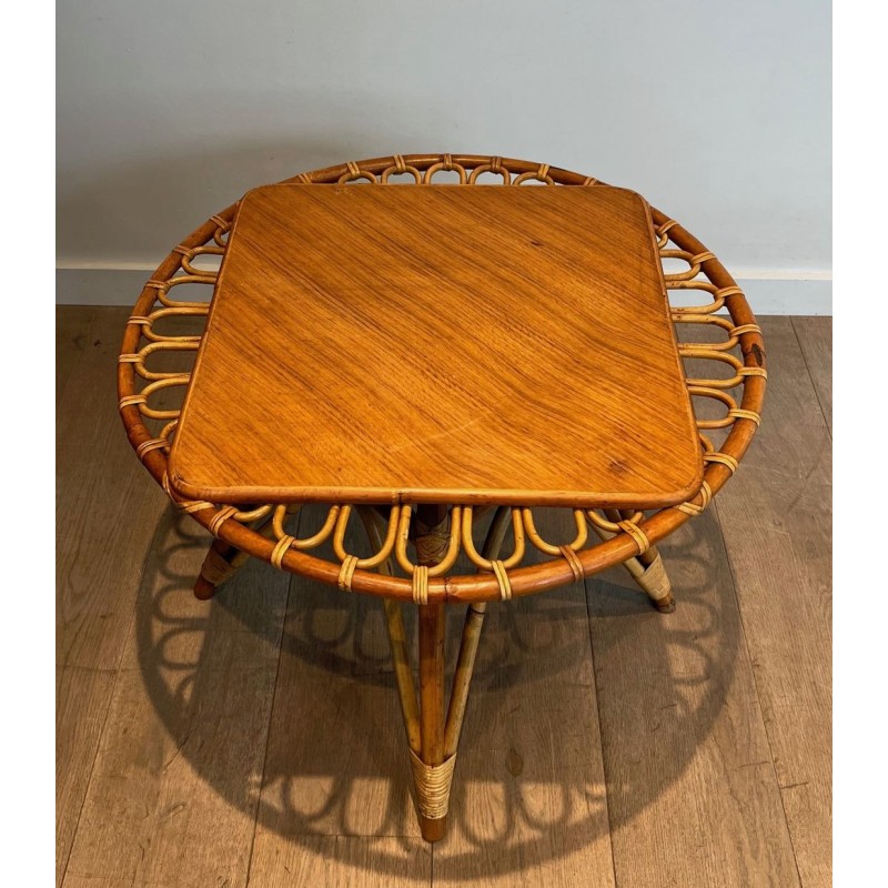Round Trampoline Rattan Coffee Table with Square-Set Wooden Top, France circa 1950