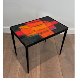 Small Black Iron Side Table with Abstract Ceramic Tile Top, France circa 1950