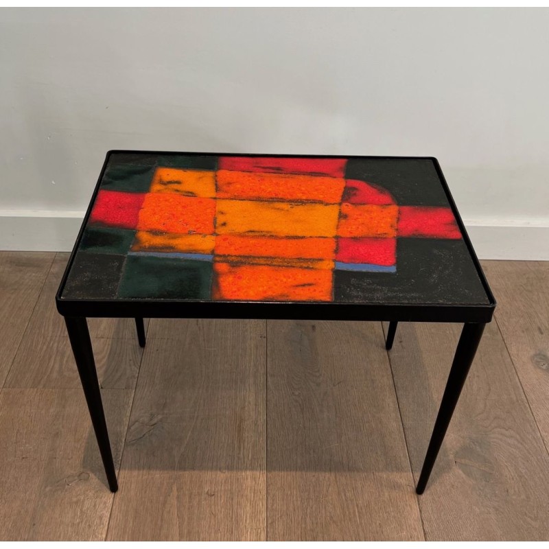 Small Black Iron Side Table with Abstract Ceramic Tile Top, France circa 1950