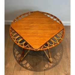 Round Trampoline Rattan Coffee Table with Square-Set Wooden Top, France circa 1950