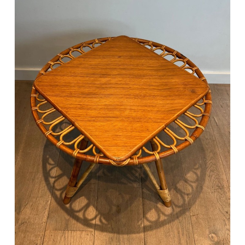 Round Trampoline Rattan Coffee Table with Square-Set Wooden Top, France circa 1950