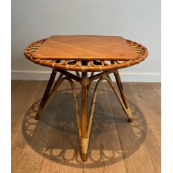 Round Trampoline Rattan Coffee Table with Square-Set Wooden Top, France circa 1950