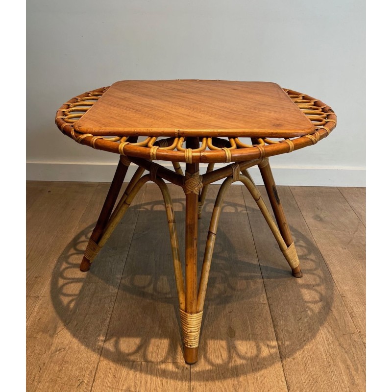 Round Trampoline Rattan Coffee Table with Square-Set Wooden Top, France circa 1950