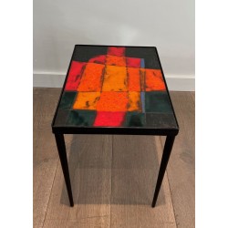 Small Black Iron Side Table with Abstract Ceramic Tile Top, France circa 1950