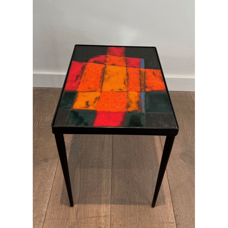 Small Black Iron Side Table with Abstract Ceramic Tile Top, France circa 1950