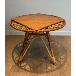 Round Trampoline Rattan Coffee Table with Square-Set Wooden Top, France circa 1950