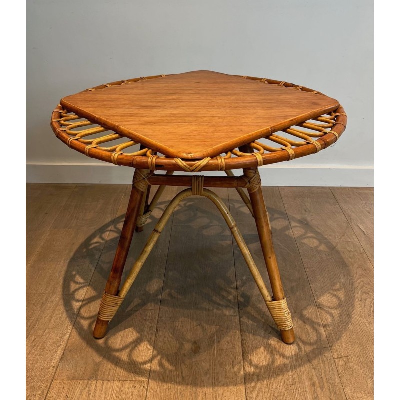 Round Trampoline Rattan Coffee Table with Square-Set Wooden Top, France circa 1950