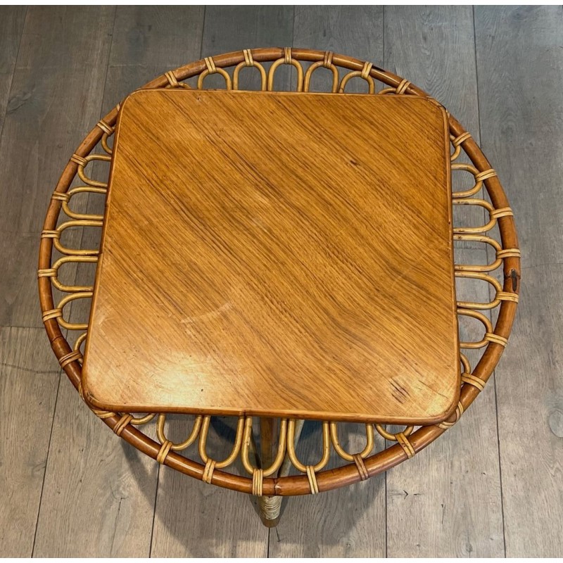 Round Trampoline Rattan Coffee Table with Square-Set Wooden Top, France circa 1950