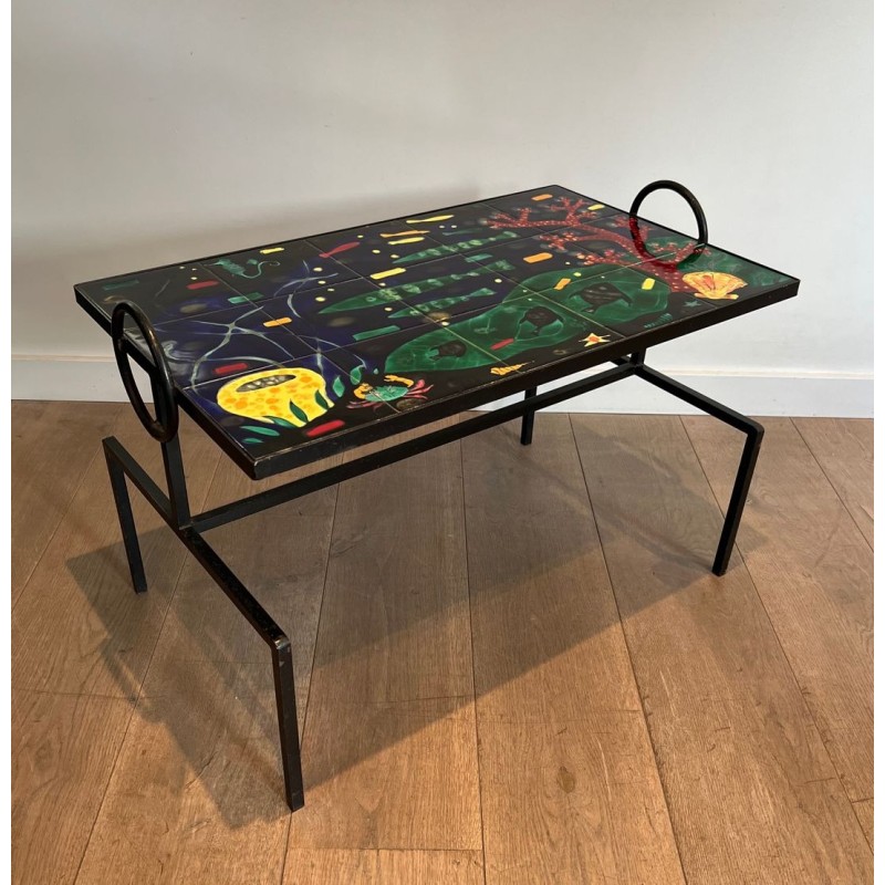 Black Iron Coffee Table with Ceramic Marine Scene Top, in the Style of Jacques Adnet, c.1950