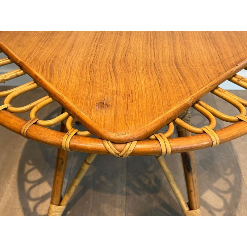 Round Trampoline Rattan Coffee Table with Square-Set Wooden Top, France circa 1950