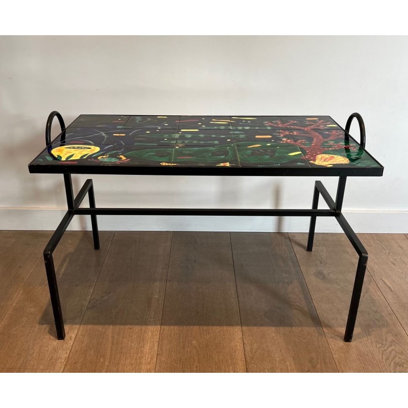 Black Iron Coffee Table with Ceramic Marine Scene Top, in the Style of Jacques Adnet, c.1950