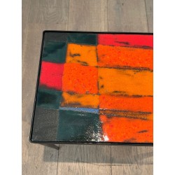 Small Black Iron Side Table with Abstract Ceramic Tile Top, France circa 1950