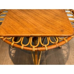 Round Trampoline Rattan Coffee Table with Square-Set Wooden Top, France circa 1950