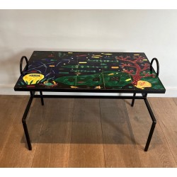 Black Iron Coffee Table with Ceramic Marine Scene Top, in the Style of Jacques Adnet, c.1950