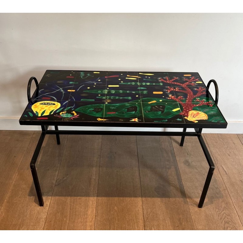 Black Iron Coffee Table with Ceramic Marine Scene Top, in the Style of Jacques Adnet, c.1950