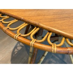 Round Trampoline Rattan Coffee Table with Square-Set Wooden Top, France circa 1950