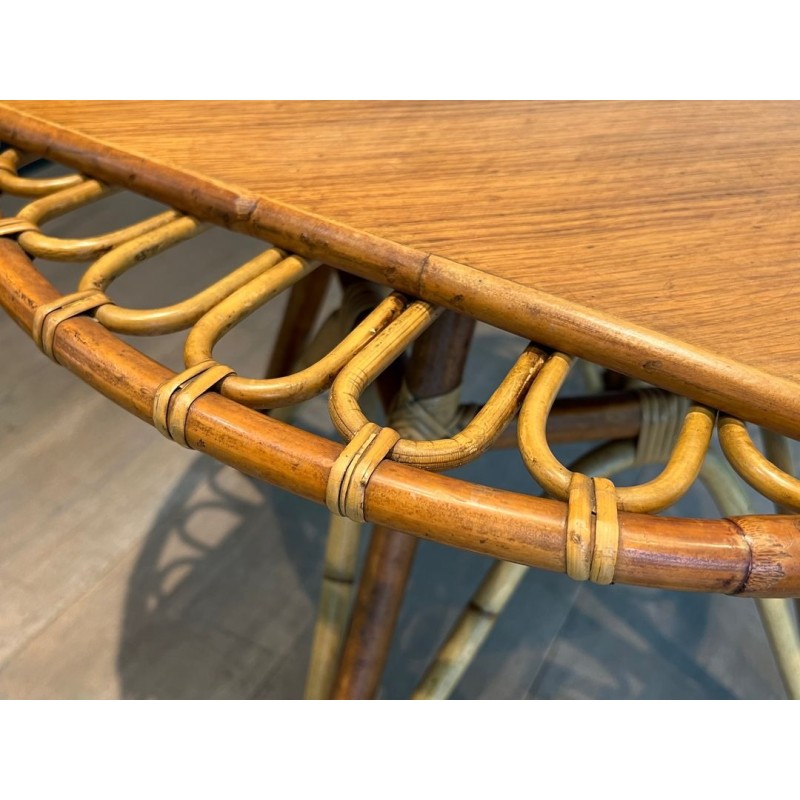 Round Trampoline Rattan Coffee Table with Square-Set Wooden Top, France circa 1950